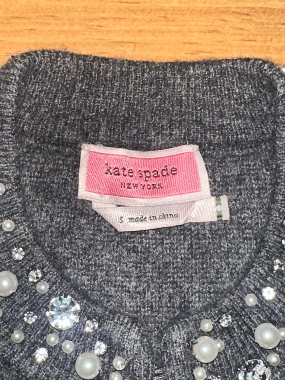 Kate Spade New York Cashmere Cardigan Sweater Gray Rhinestones & Pearls Small